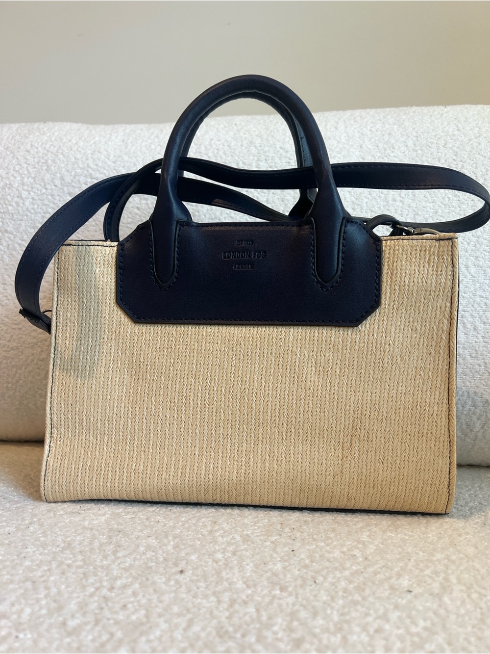 London Fog Navy & Natural Straw Convertible Satchel